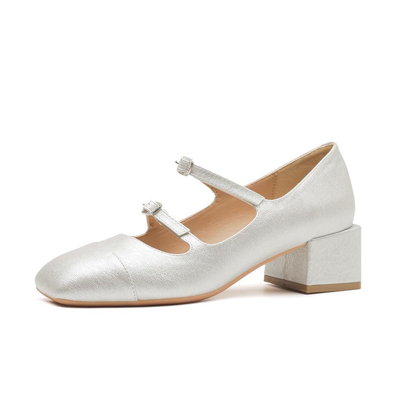 53305 [sheepskin] high heels women's thick heel 2025 new one-word belt Mary Jane shoes square head splicing sheet