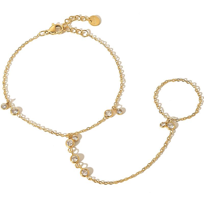 14K Gelbgold plattierter Edelstahl Handketten Armband für Damen Zierliches Zirkonia Armband und Ring Kette Körper Schmuck