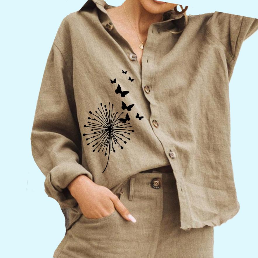 

Женская модная блузка с принтом, женская хлопковая льняная рубашка с длинным рукавом, повседневная рубашка на пуговицах 3XL хаки