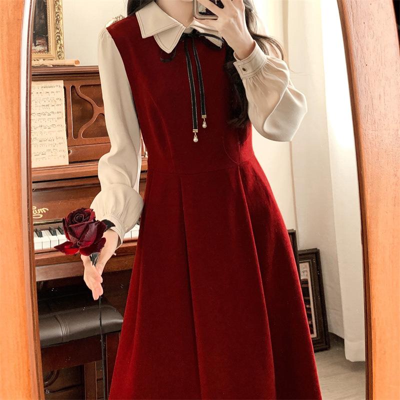 Leicht fette mm Französisches College-Kleid Herbst und Winter Neu Langärmliges Fake-Zweiteiler-Kleid, Dünnes Literarisches Mori-Langes Kleid