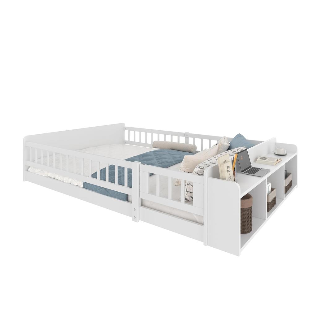 Pat de copii pat de podea 140x200 protecție laterală somieră gard deschizabil Montessori spațiu de depozitare rafturi cadru lemn pat de tineret până la 200 kg