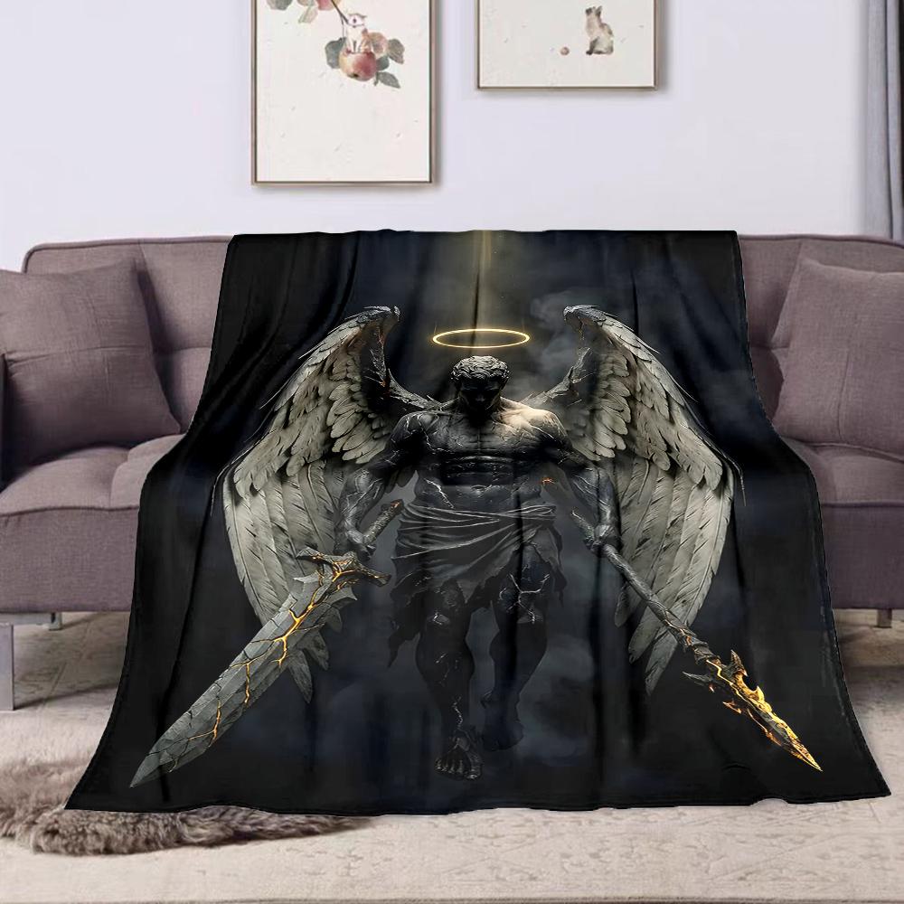 1PC Dark-winged angel holding weapons printed blanket all seasons multi-purpose blanket suitable for sofa, camping, travel, car