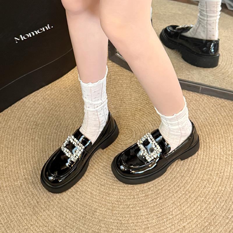 Fashion Women's Thick Heel Loafer Shoes Autumn New Round Head Deep Mouth Water Drill Buckle Thick Sole Non-slip Single Shoes