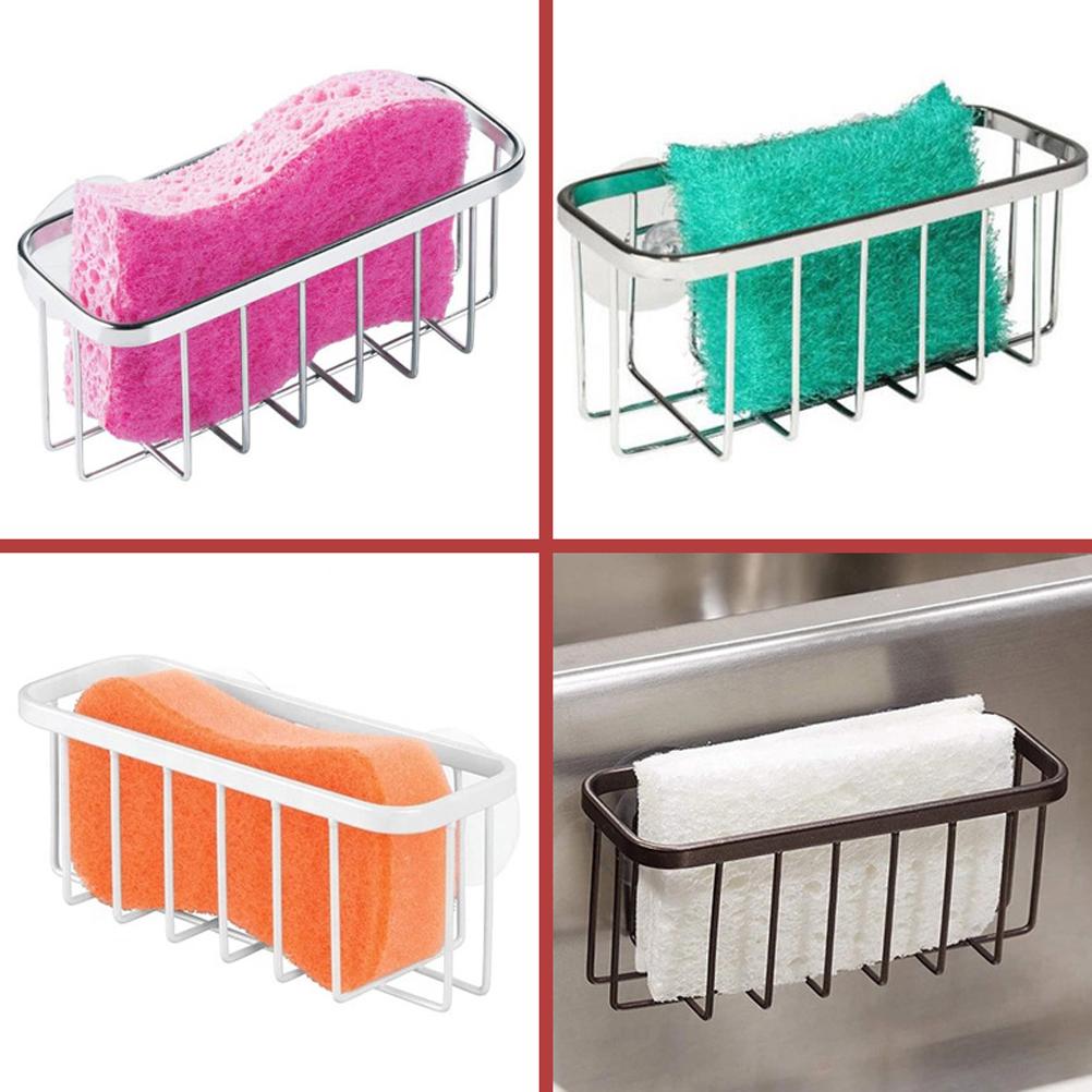 Stainless Steel Sponge Holder Suction Cup Sink Rack Kitchen Organizer for Sponge Brushes