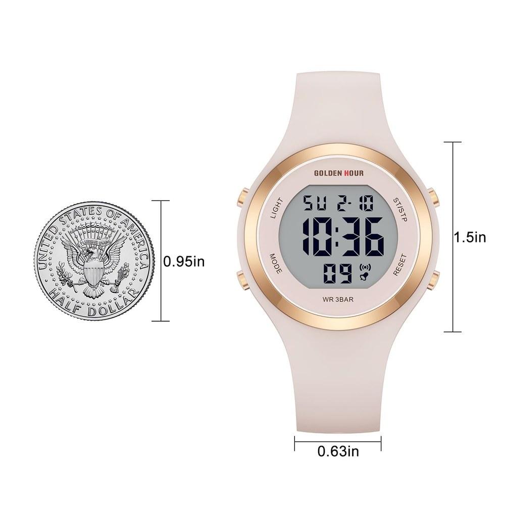 GOLDEN HOUR Waterproof Sports Ladies Digital Chronograph Watch Silicone Strap Rose Gold Starlight Milk White Modern