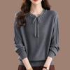 Women's Lace Trim Round Neck Sweater High-End Loose Thin Sweater Autumn Winter Stretch Pullover Knit Top
