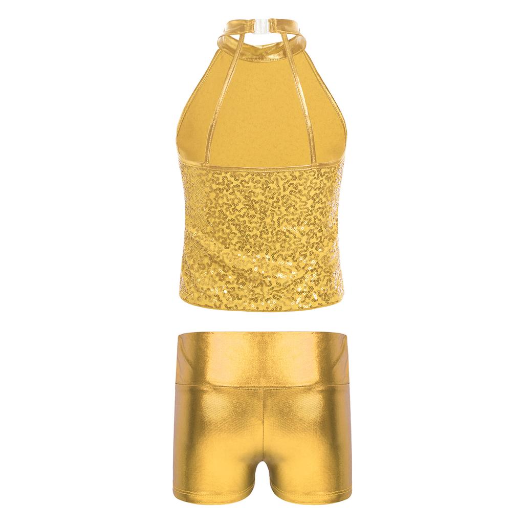 Girls Sleeveless Backless Shiny Sequin Halter Crop Top Metallic Dance Shorts Jazz Dance Stage Performance Outfit