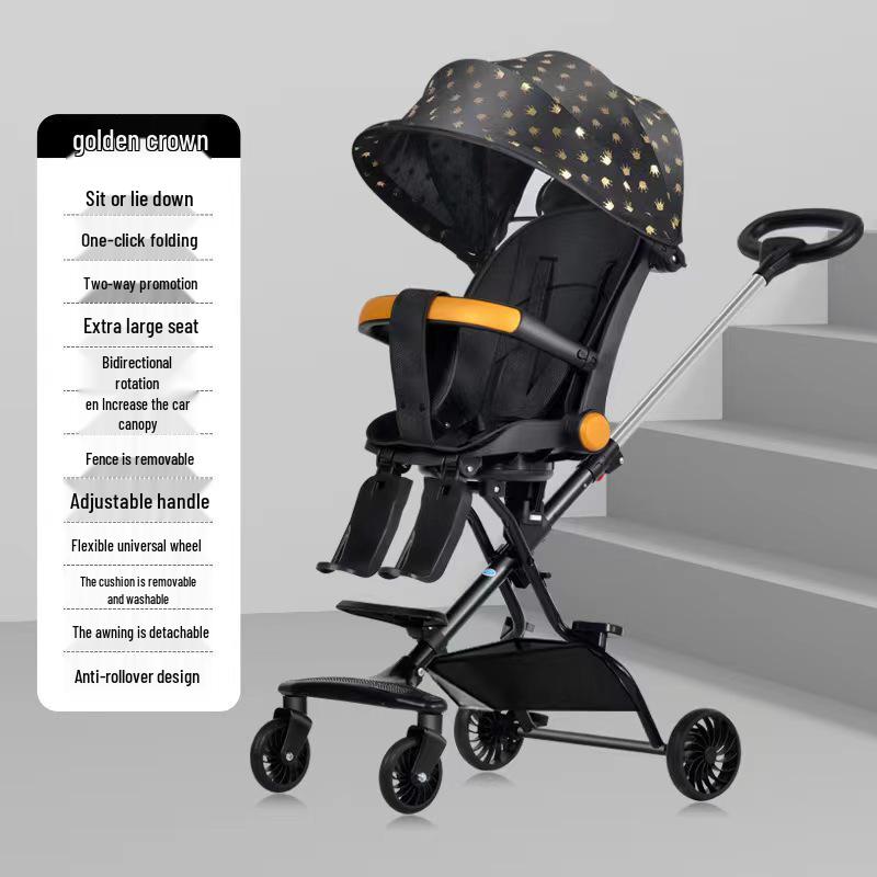 Lightweight Foldable Two-Way Reclining High Landscape Baby Stroller with Four Wheels.