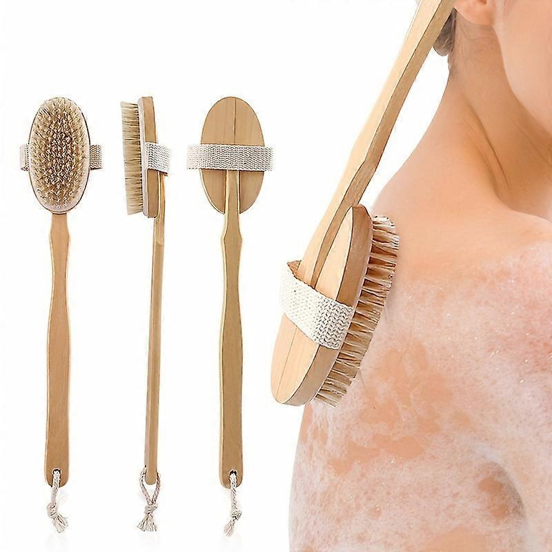 Long Handle Wooden Bath Brush Massage Brush Wooden Pig Bristle Scrub Bath Brush for Dry Skin Exfoliating and Body Massage