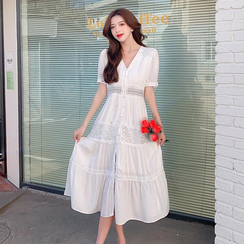 Summer New White Long Dress V-neck French Fairy Skirt Waist Lace Small White Dress Desert Vacation