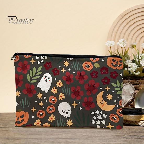 Ghost Design Storage Bag Bag, with Halloween Pattern Printed, Smooth Zipper Reusable Canvas Makeup Large Capacity Travel Cosmetic Pouch Tight Sealing