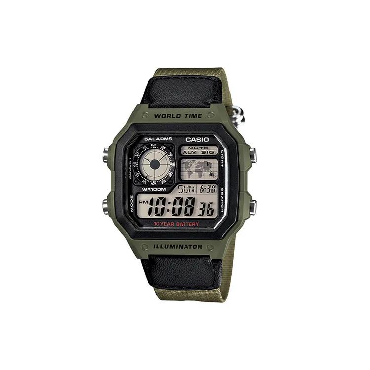 CASIO Small Block Quartz Movement Canvas Strap Watch Men's Watches Black Dial (Unisex) Japanese Korean Watches AE 1200WHB 3B