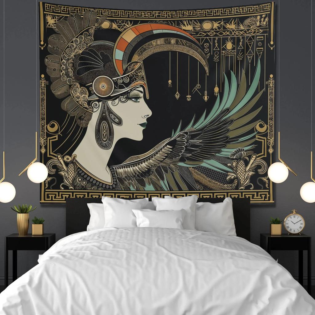 2D Flat Printed Art Deco Egyptian Goddess Tapestry Peach Skin Wall Hanging for Bedroom Living Room Aesthetic Home Decor