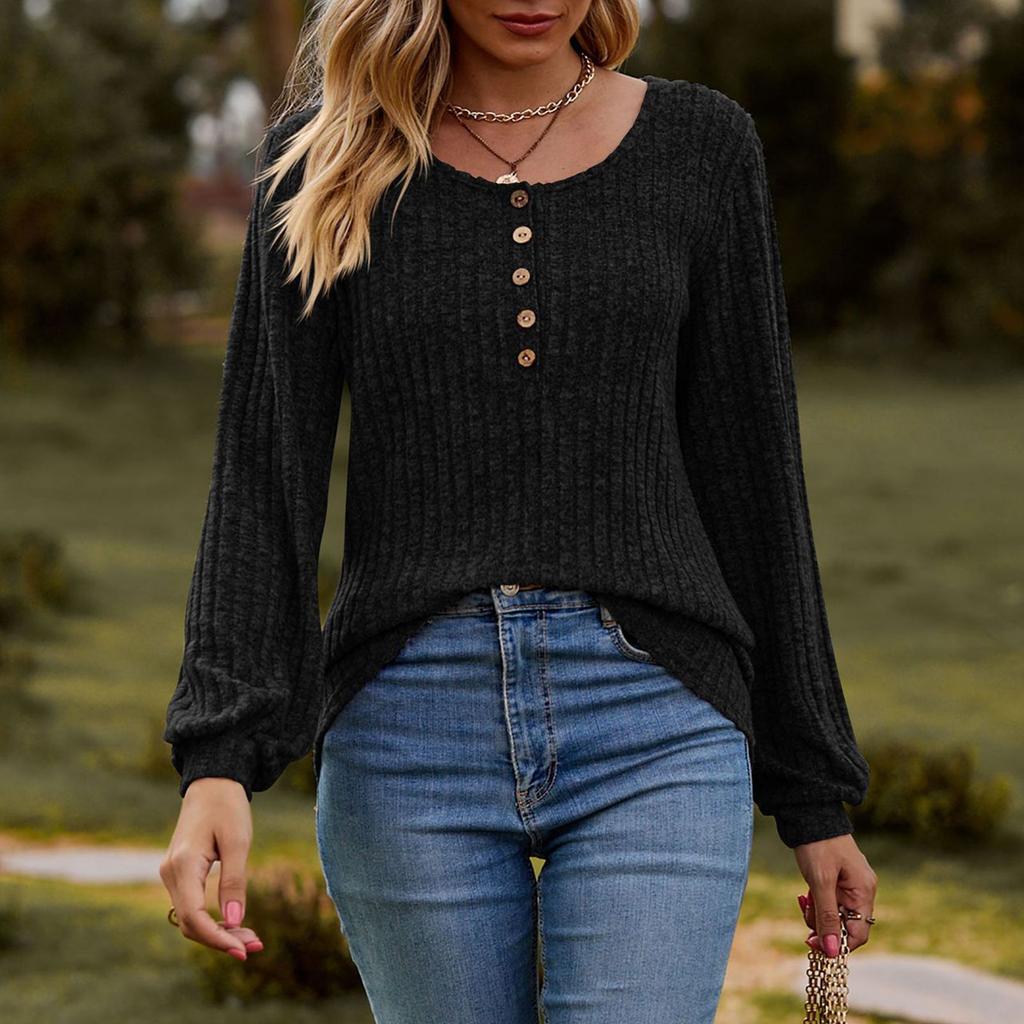 Women's Fashion Round Neck Ribbed Brushed Solid Color Button Stitching Long Sleeve