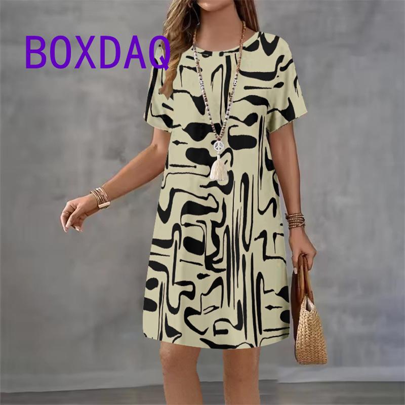 Colorful Geometric Printing Women Fashion Dress Summer Short Sleeve O-Neck Loose A-Line Dress Street Female Large Size Sundress