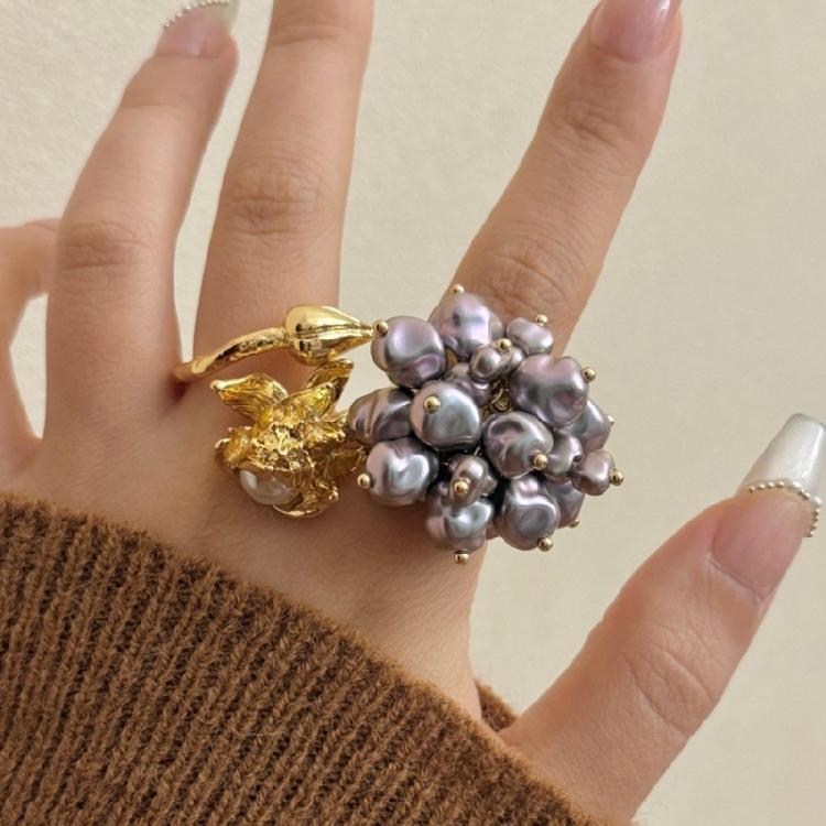 Stackable Pyrotechnics Effect Ring Featuring Imitation Pearls Adjustable Opening Vintage Look Finger Rings For Fashion