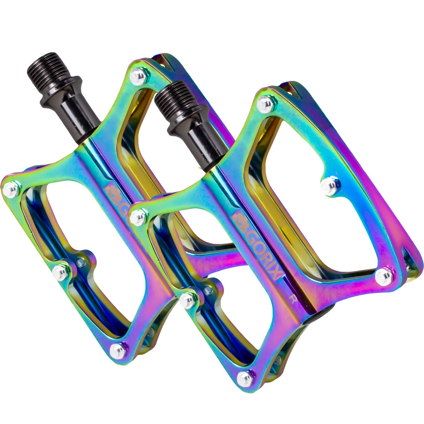 GORIX Bicycle Pedals, Lightweight, Wide Tread (GX-OIL11), Oil Slick Flat Pedals with Anti-Slip Pins and Spikes