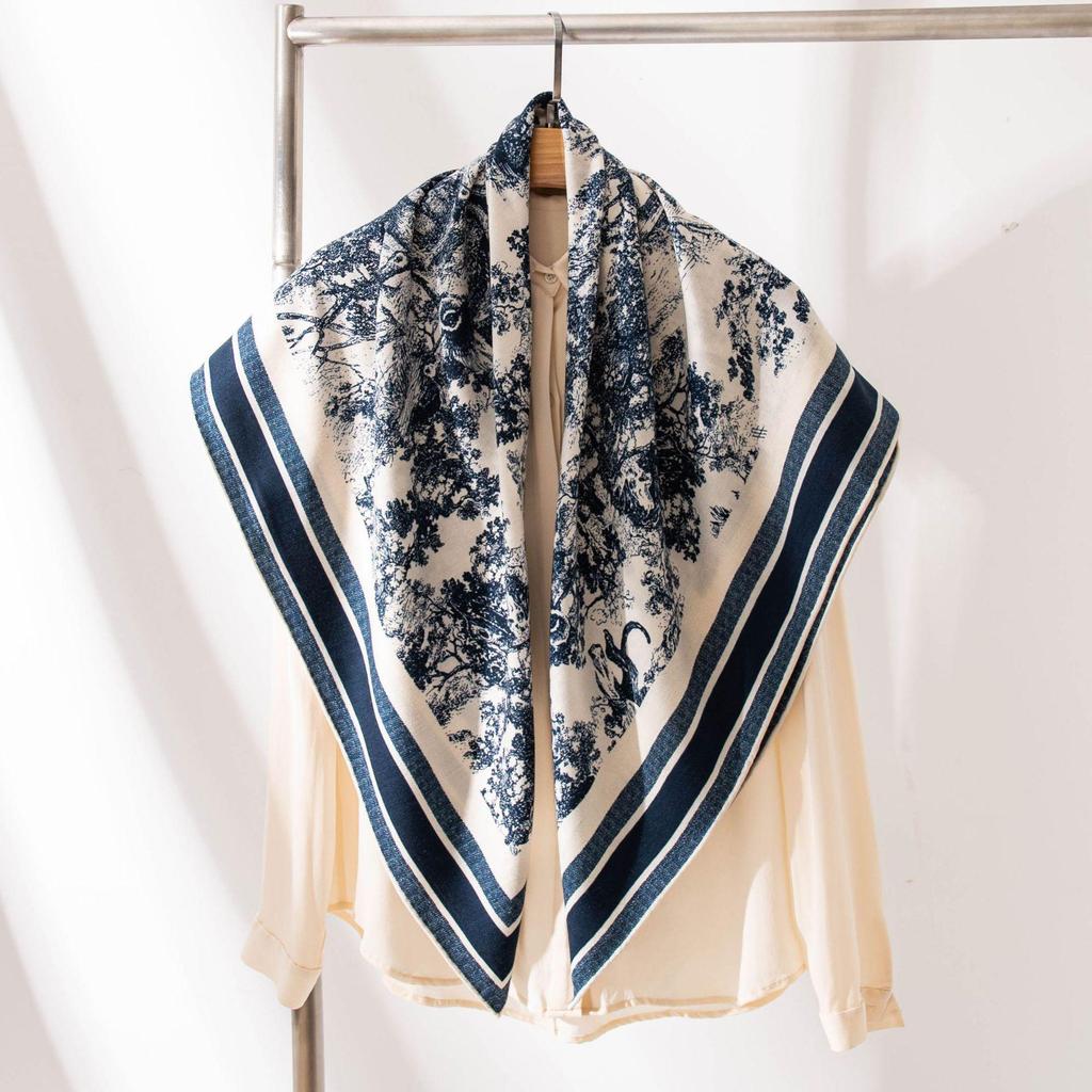 Retro Blue & White Silk Wool Double-Sided Scarf - Elegant Large Square for Autumn/Winter