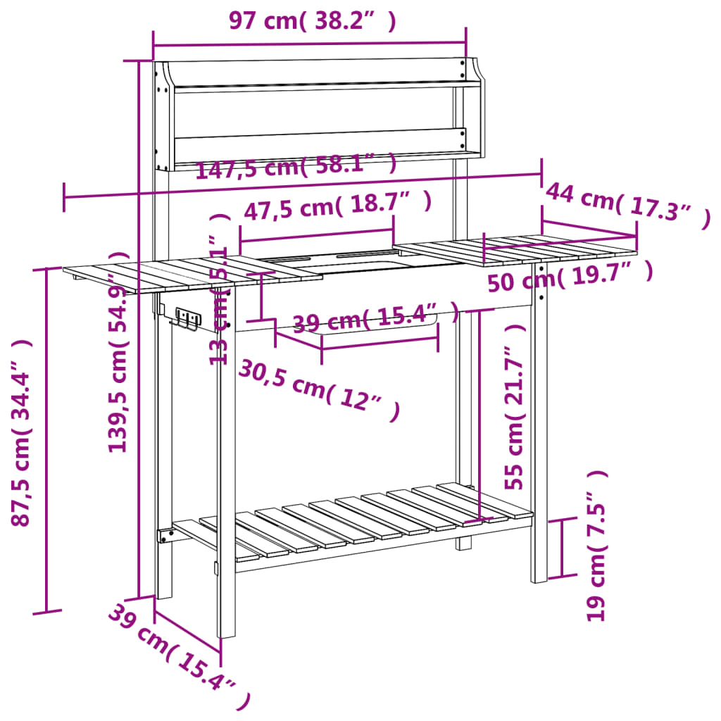 Plant Table with Sink 147.5 x 44 x 139.5 cm Solid Spruce Wood
