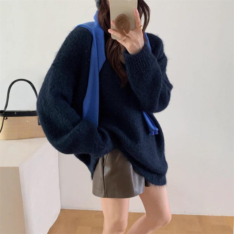 Gentle wind soft waxy neck pullover sweater women's autumn and winter new loose large size simple lazy wind knitted sweater top