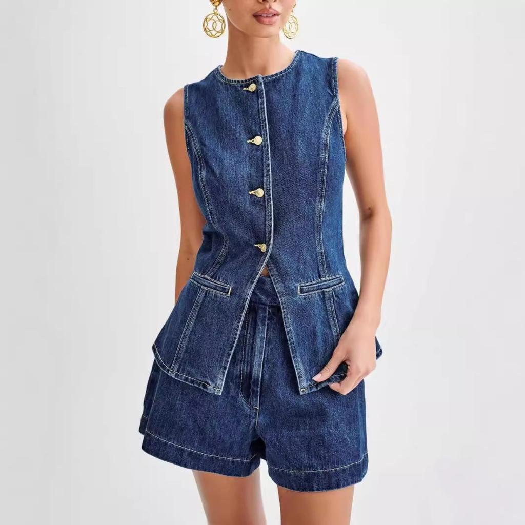 Spring/Summer Fashionable and Casual Sleeveless High - Waisted Denim Set for Women - Button - Down Sleeveless Vest with Pockets + Shorts