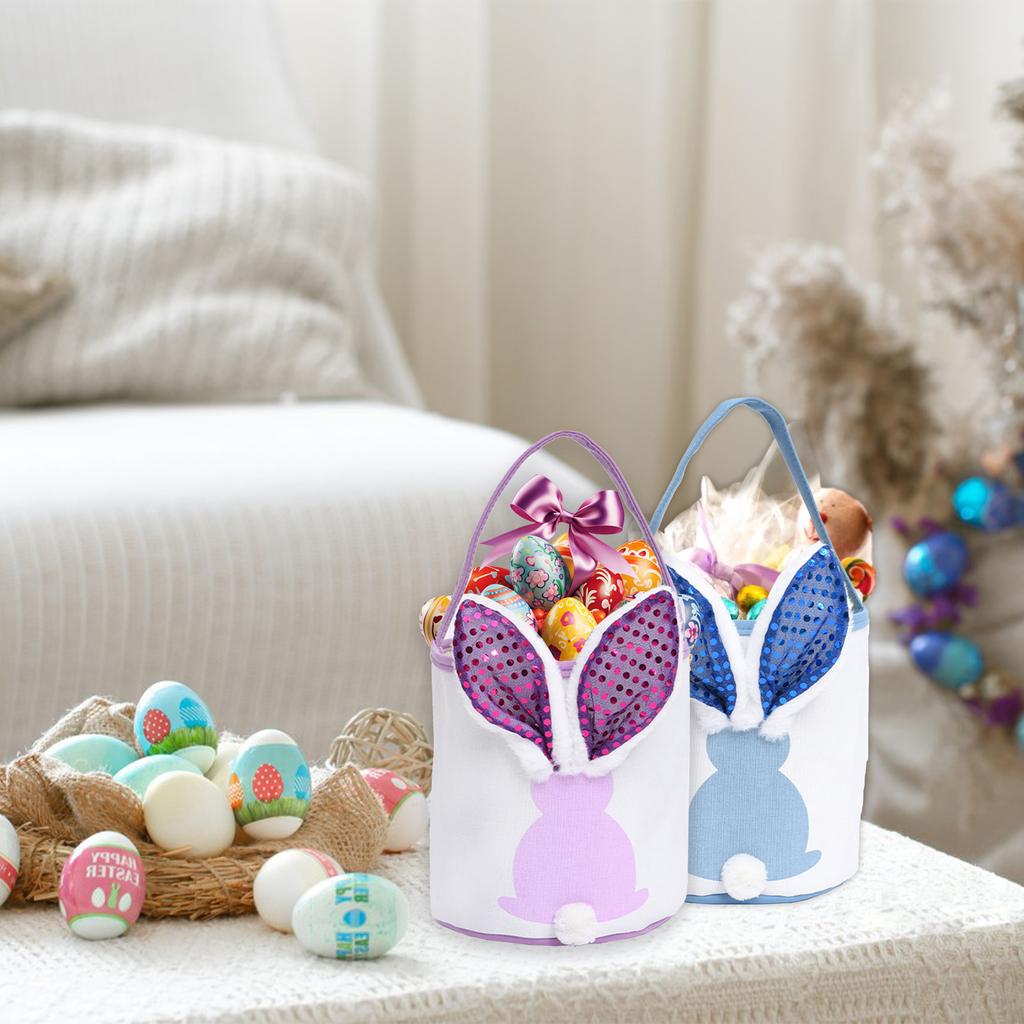 2PCS Easter Bunny Basket with Handle Cute Empty Bunny Basket with Light Up Ears for Easter Party Favors Decorations