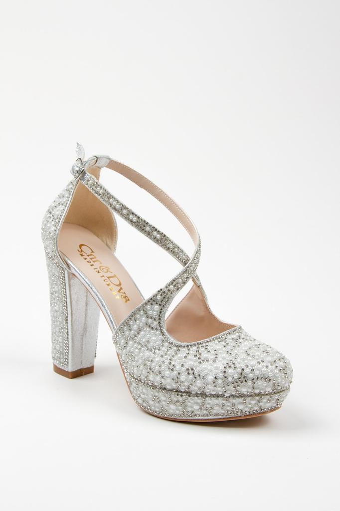 Modische Damen-Abendschuhe in Platin mit vollem Perlenstein und Absatz für die Party