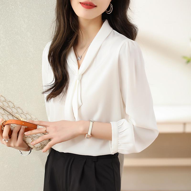 Brand Women's High-End White Silk Long Sleeve Shirt - Stylish Summer 2025 Formal Fashion