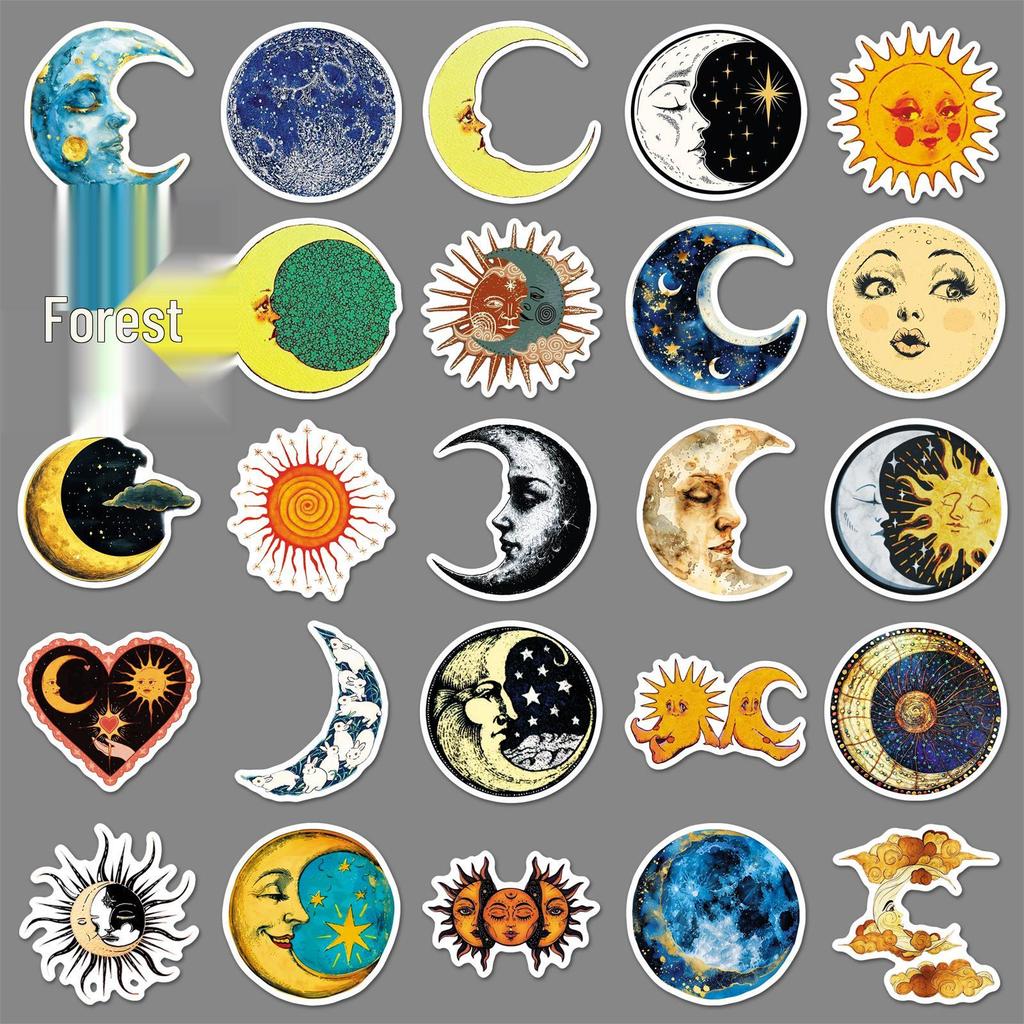 50 Retro Fantasy Sun Moon Star Cloud Stickers - Waterproof Cartoon Decor for Car, Tablet, Helmet