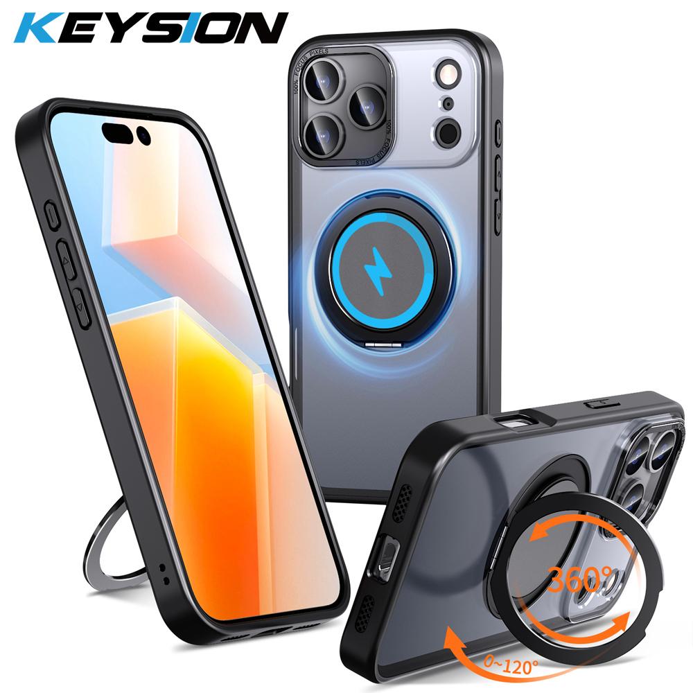 KEYSION Shockproof Matte Transparent Case for MagSafe for iPhone 17 Pro Max 360° Rotating Magnetic Ring Stand Phone Back Cover