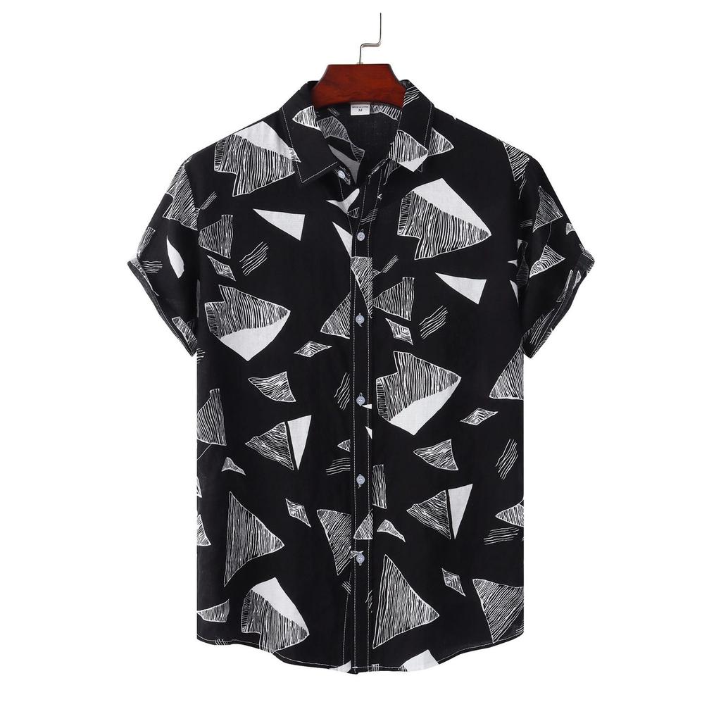 Men's Summer Casual Loose Resort Geometric Print Short Sleeve Top Beach Lapel Shirt