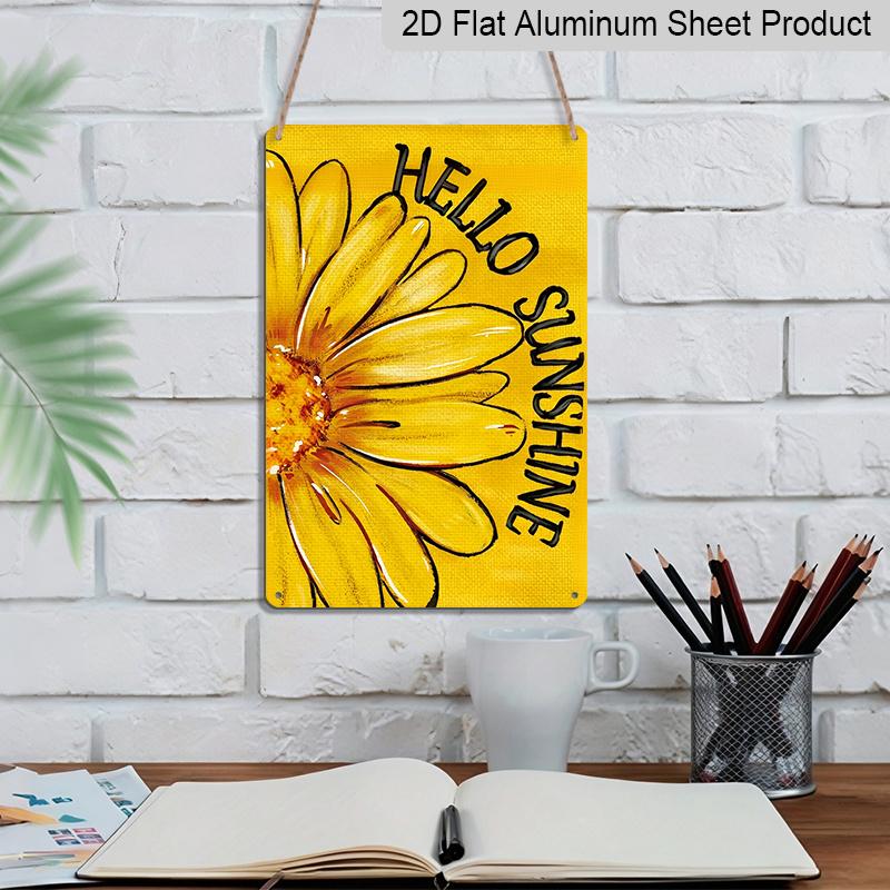 2D Flat, 1pc "Hello Sunshine" Yellow Daisy Metal Wall Art Sign - 8*12 Inch Aluminium Floral Decor, Sunny Summer Style Plaque, Perfect for Porch
