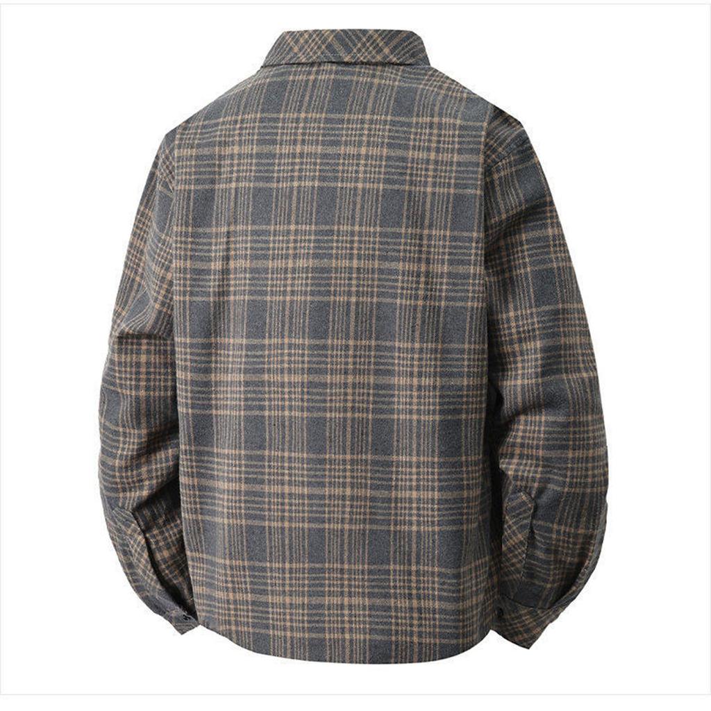 Men's Spring Plaid Youth Fashion Loose Stand Collar Long Sleeve Shirt