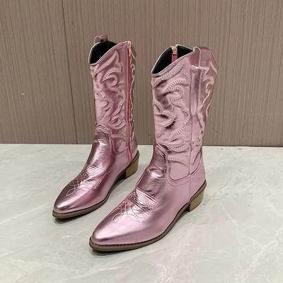 2024 2024Γυναικείες Δυτικές Μπότες Καουμπόικες Καουμπόισσες Μυτερή Μύτη Μέχρι το Γόνατο Slip On Παπούτσια Χοντρό Τακούνι 2024 Ασημί Λάμψη Κεντημένες Μπότες