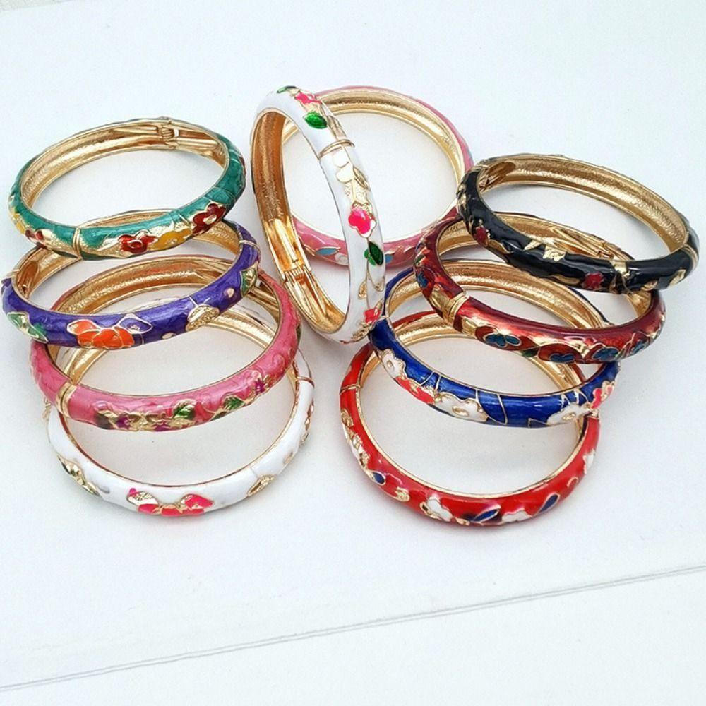 Traditional Peony Filigree Flower Bangle Enamel Women's Hand Bracelet  Gifts for Women Girl