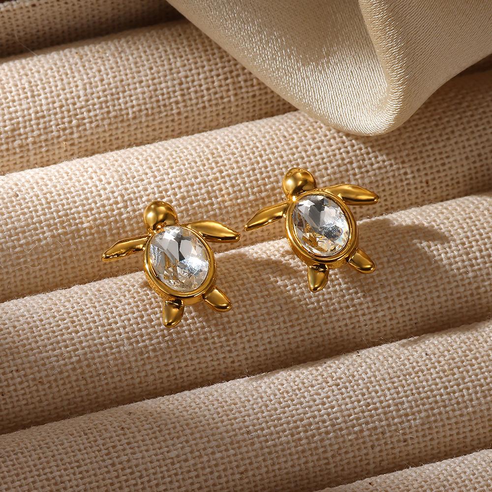 Vintage Crystal Turtle Stud Earrings For Women Gold Color Stainless Steel Geometric Stud Earrings Wedding Jewelry Christmas Gift