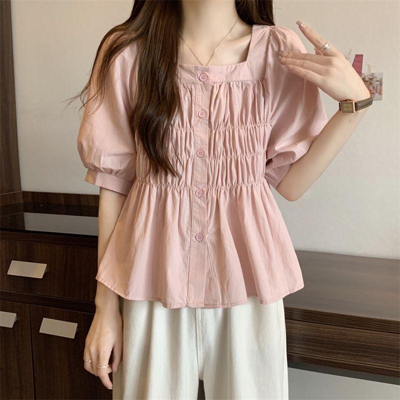 

Women s Sweet Square Neck Puff Sleeve Smocked Peplum Blouse Casual Button Front Summer Top L розовый