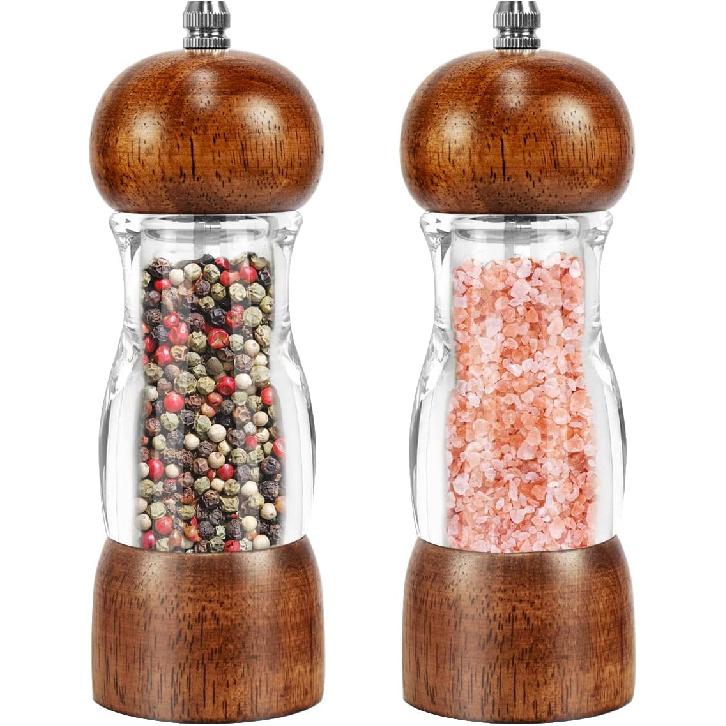 2 Pack Salt and Pepper Grinder Set, 6.7" Acrylic Salt and Pepper Mill Set with Adjustable Coarseness, Wooden Pepper Grinders Manual Slat Shakers