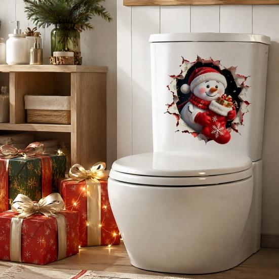 Snowman Pattern Tile Decals Christmas Toilet Decals, 3D Cover Sticker, Waterproof Decor for Bathroom Wall Sticker Holiday Home Lid Decoration