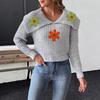 Women’s Cropped Top, Woven Knit, Large Lapel, Embroidered Floral Patchwork Pullover