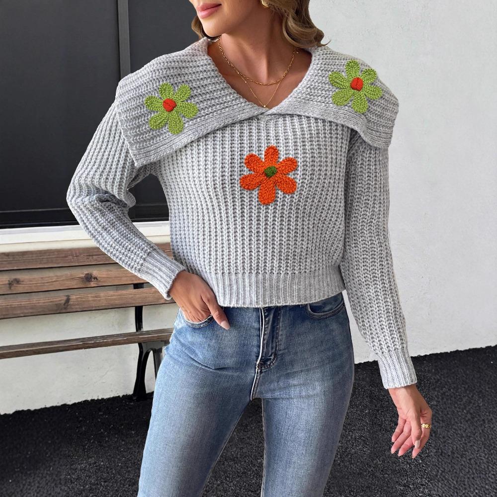 Women’s Cropped Top, Woven Knit, Large Lapel, Embroidered Floral Patchwork Pullover