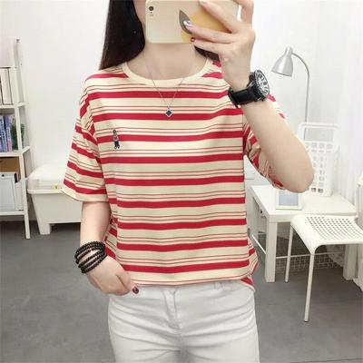 Été jeune fille rayure dessin animé broderie Pulls T-shirt coréen Femmes Décontracté ample Manches Courtes étudiante T-shirts y2k haut Vêtements de Rue Féminins