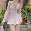 Pink Kawaii Pleated One Piece Dress Women Cute Sexy Long Sleeve Low Waist Slim Dresses Female Sweet Folds Ruffle Fashion Clothing 2024