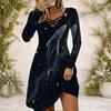 Women Cross V Neck Long Sleeve Dress Red Blue Silver Star Sequin Print Irregular Hem Dress