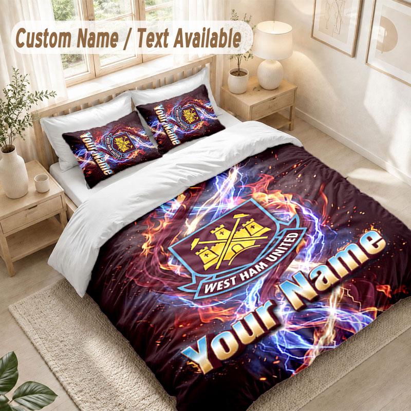 Custom Name Bedding Set 3 PiecesWest Ham United FC Print Duvet Cover + 2 Pillowcases Soft Bed Decor