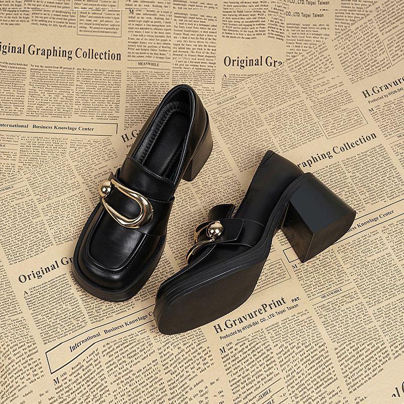 Frühling und Herbst Neue Mary Jane High Heel Slipper für Damen Retro-Stil Bequem Stilvoll Schwarzes Leder Damenschuhe