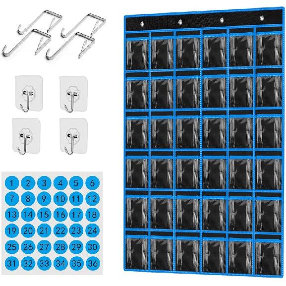 36 карманных таблиц для мобильных телефонов в классе, 36 прозрачных карманных таблиц с нумерованными наклейками, Настенный органайзер для мобильных телефонов в классе чёрный