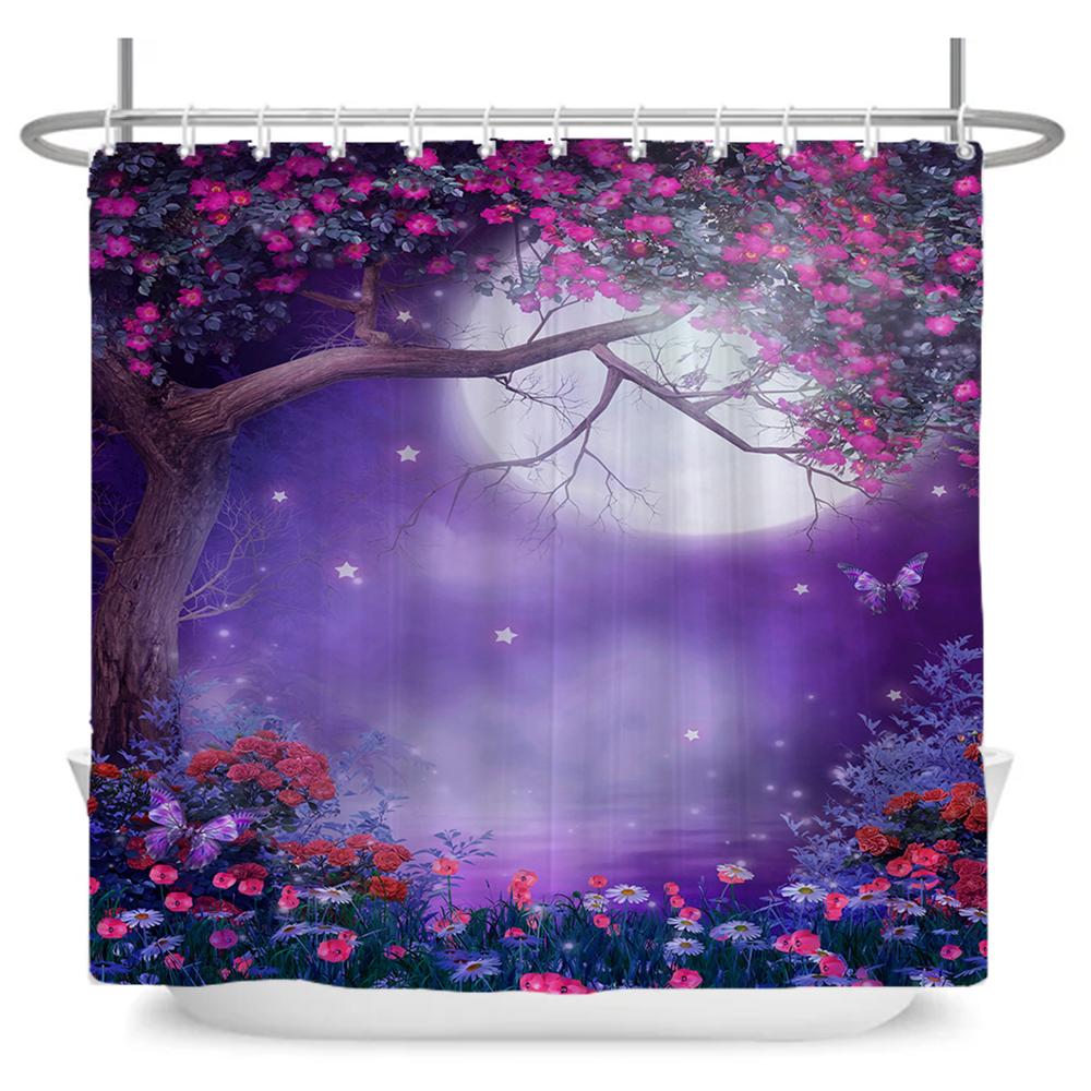 Enchanted Forest Shower Curtain Cartoon Magic Tale Mushroom Wonderland Gothic Shower Curtain Waterproof Bath Decor With Hooks