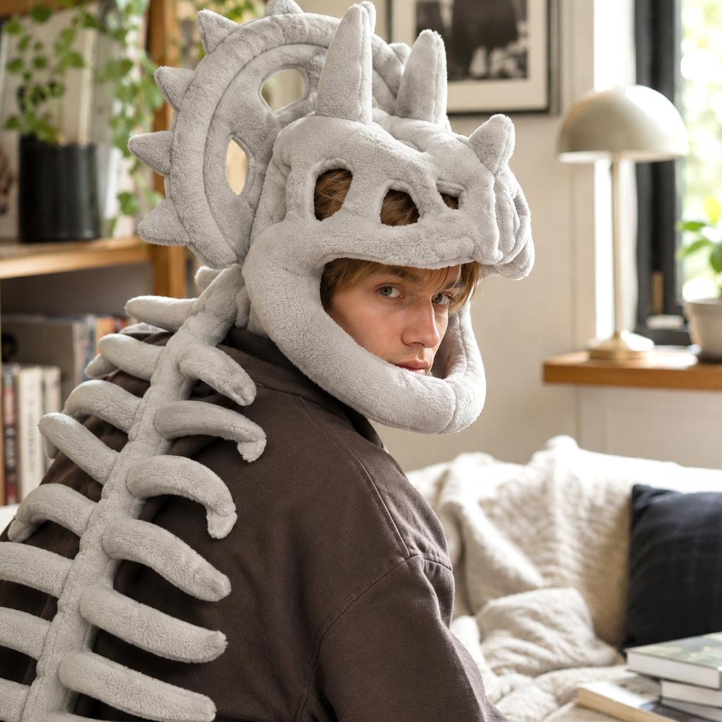 Dinosaur Skeleton Plush Headpiece Soft Costume Toy for Halloween Dress-Up