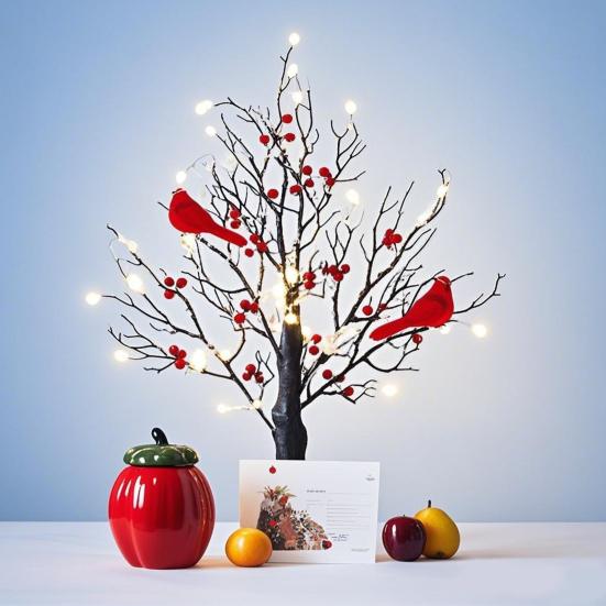 LED Vintage Glowing Tree with Cardinals Battery Operated Twinkle Trees Lamp with Lighted Branches Christmas Halloween Decorations